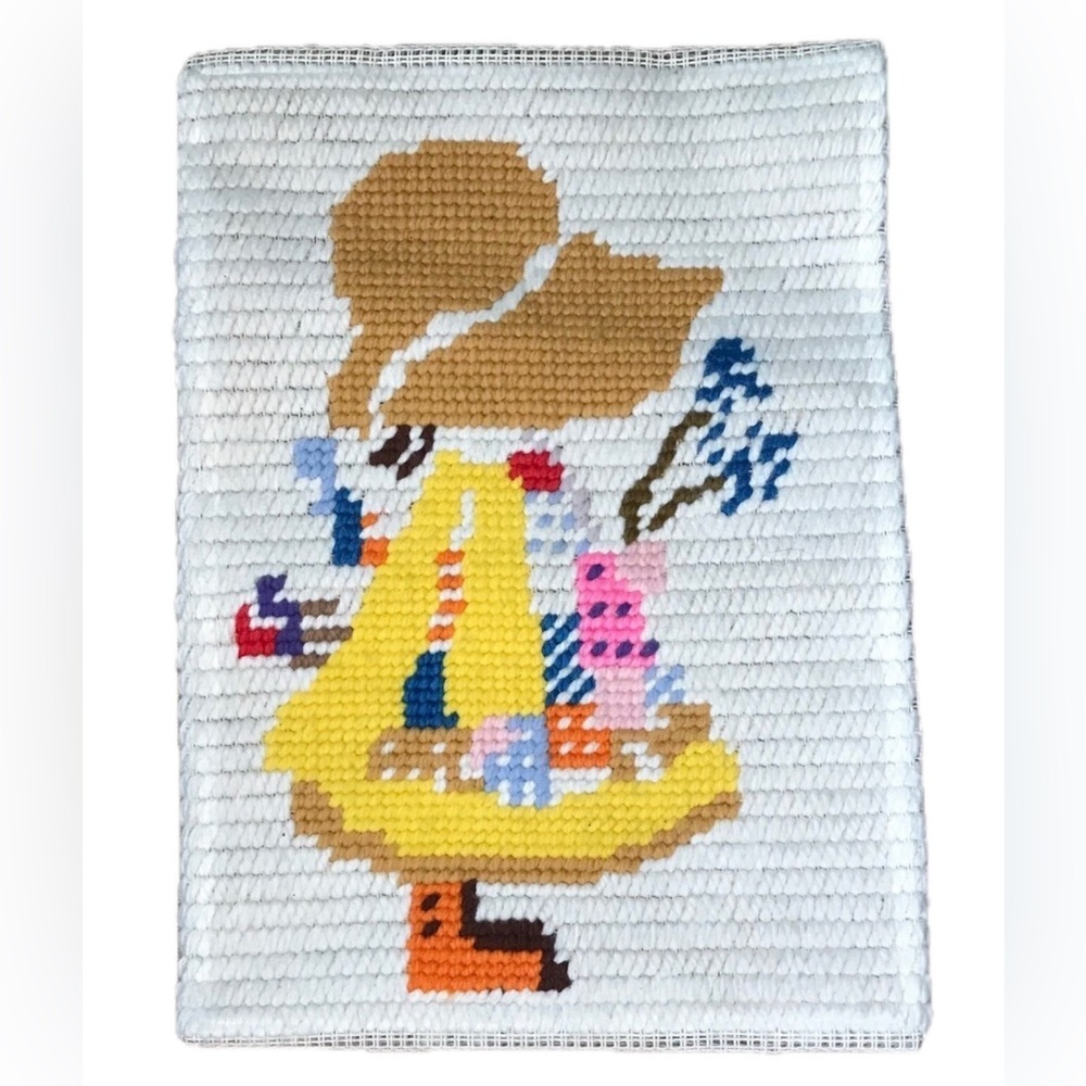 Vintage Bonnet Girl Holding Flowers Finished Needlework Cottage Prairie Core